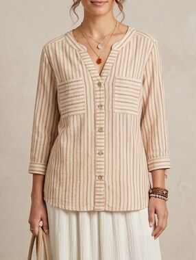 Ruby Rd. Petite Striped Cotton Linen V-Neck Roll-Tab Sleeve Blouse Tan Rust PXL